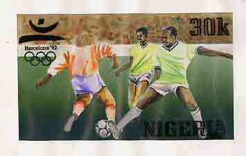 Nigeria 1992 Barcelona Olympic Games (2nd issue) - original hand-painted artwork for 30k value (Football) by NSP&MCo Staff Artist F O Abdul, on board 8.5 x 5 endorsed D3, stamps on , stamps on  stamps on sport      olympics    football