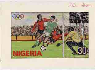 Nigeria 1992 Barcelona Olympic Games (2nd issue) - original hand-painted artwork for 30k value (Football) by Clement O Ogbebor, on card 7 x 4 endorsed D2, stamps on sport      olympics    football