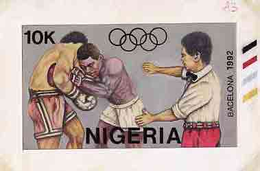 Nigeria 1992 Barcelona Olympic Games (1st issue) - original hand-painted artwork for 10k value (Boxing) by NSP&MCo Staff Artist Samuel A M Eluare, on board 8.5 x 5 endors..., stamps on boxing, stamps on sport, stamps on olympics