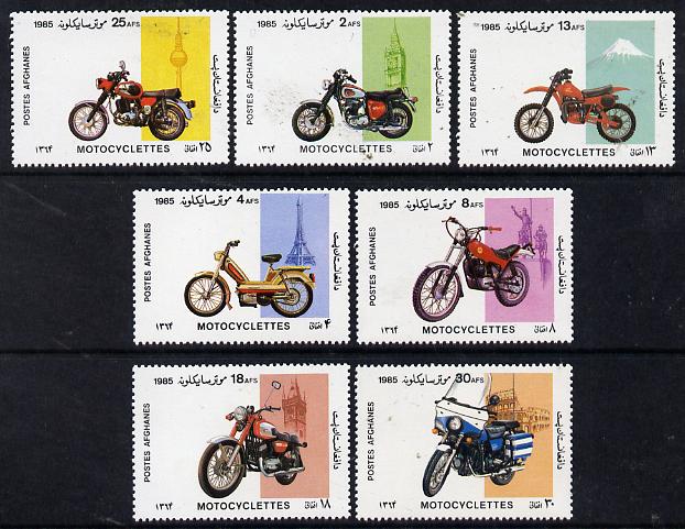 Afghanistan 1985 Motor-Cycles perf set of 7 unmounted mint SG 1074-80*, stamps on , stamps on  stamps on motorbikes, stamps on  stamps on london, stamps on  stamps on eiffel tower, stamps on  stamps on mountains