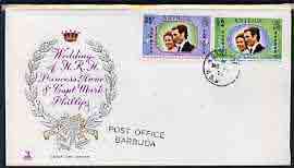 Barbuda 1973 Royal Wedding perf set of 2 on illustrated cover with first day cancel, stamps on royalty    anne & mark