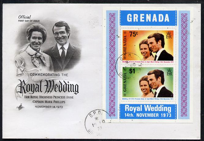 Grenada 1973 Royal Wedding m/sheet on illustrated cover with first day cancel, stamps on royalty, stamps on anne, stamps on mark