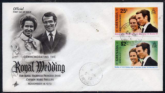 Grenada - Grenadines 1973 Royal Wedding perf set of 2 on illustrated cover with first day cancel, stamps on , stamps on  stamps on royalty, stamps on  stamps on anne, stamps on  stamps on mark