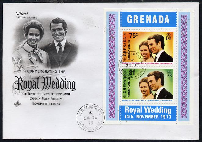 Grenada - Grenadines 1973 Royal Wedding m/sheet on illustrated cover with first day cancel, stamps on , stamps on  stamps on royalty, stamps on  stamps on anne, stamps on  stamps on mark