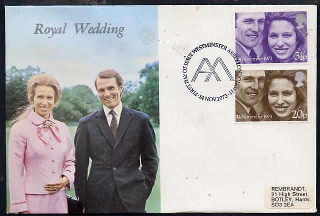 Great Britain 1973 Royal Wedding set of 2 on illustrated cover with first day cancel