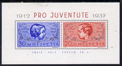 Switzerland 1937 Pro Juventute 25th Anniversary m/sheet, SG MS J83a , stamps on children