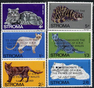 Stroma 1969 Cats perf set of 6 opt'd for Investiture of Prince of Wales unmounted mint* . NOTE - this item has been selected for a special offer with the price significantly reduced, stamps on , stamps on  stamps on animals  cats     royalty, stamps on  stamps on diana, stamps on  stamps on charles, stamps on  stamps on 