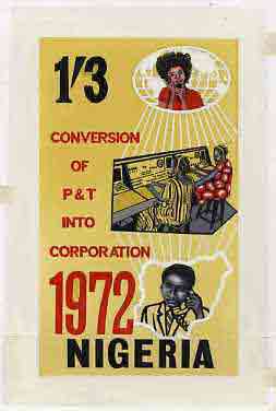 Nigeria 1972 Posts & Telecommunications Corporation - original hand-painted artwork for 1s3d value (showing Telephones in use & Switchboard) by NSP&MCo Staff Artist Samuel A M Eluare on card 5 x 8.5, stamps on , stamps on  stamps on postal    telephones    communications