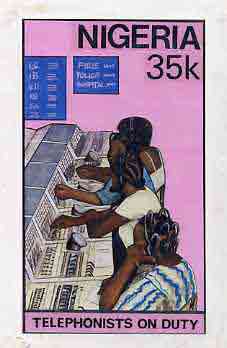 Nigeria 1986 Nigerian Life Def series - original hand-painted artwork for 35k value (showing Telephonists at Switchboard) probably by Mrs A O Adeyeye on board 5 x 8.5 endorsed I1, stamps on , stamps on  stamps on postal    telephones    communications