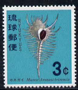 Ryukyu Islands 1967 Sea Shell (3c Venus Comb Murex) unmounted mint SG 193*, stamps on marine-life     shells