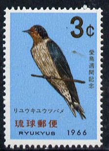 Ryukyu Islands 1966 Bird Week unmounted mint, SG 178*, stamps on , stamps on  stamps on birds   swallow