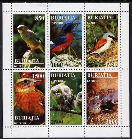 Buriatia Republic 1997 Birds perf sheetlet containing complete set of 6 unmounted mint, stamps on birds    owls     jay      birds of prey