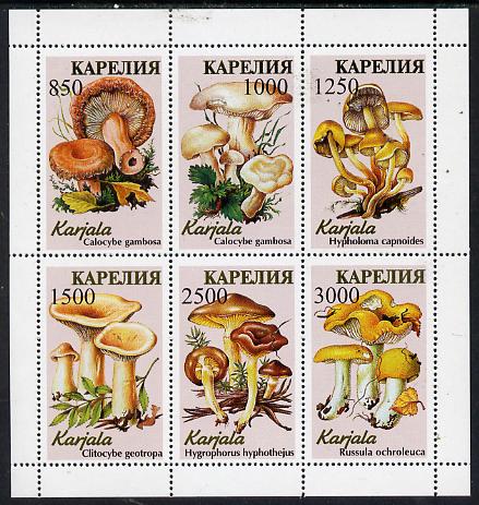 Karjala Republic 1997 Mushrooms perf sheetlet containing complete set of 6 unmounted mint, stamps on fungi