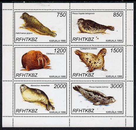 Karjala Republic 1997 Seals perf sheetlet containing complete set of 6 unmounted mint, stamps on , stamps on  stamps on animals, stamps on  stamps on seals, stamps on  stamps on marine life