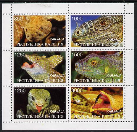 Karjala Republic 1997 Snakes perf sheetlet containing complete set of 6 unmounted mint, stamps on reptiles    snakes, stamps on snake, stamps on snakes, stamps on 