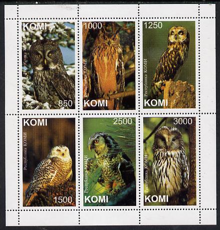 Komi Republic 1997 Owls perf sheetlet containing complete set of 6 unmounted mint, stamps on birds, stamps on birds of prey, stamps on owls