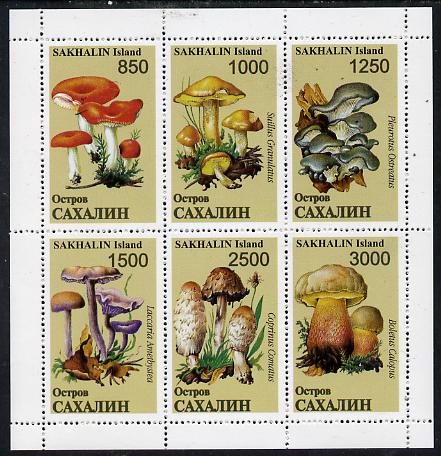 Sakhalin Isle 1997 Mushrooms perf sheetlet containing complete set of 6, unmounted mint, stamps on , stamps on  stamps on fungi