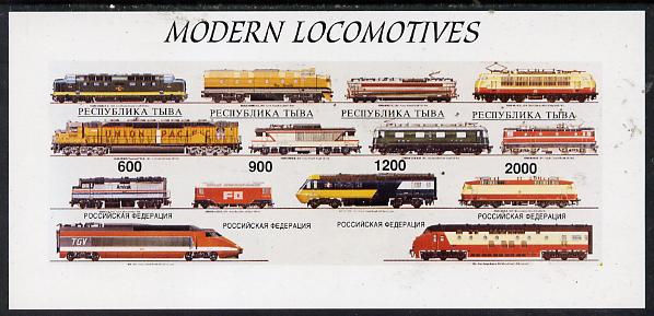 Touva 1997 Modern Locomotives #2 imperf sheetlet containing complete set of 4 values unmounted mint, stamps on , stamps on  stamps on railways