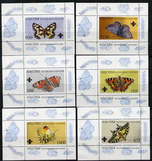 Abkhazia 1995 Butterflies (with Scout emblem) set of 6 perf sheetlets unmounted mint, stamps on , stamps on  stamps on butterflies  scouts