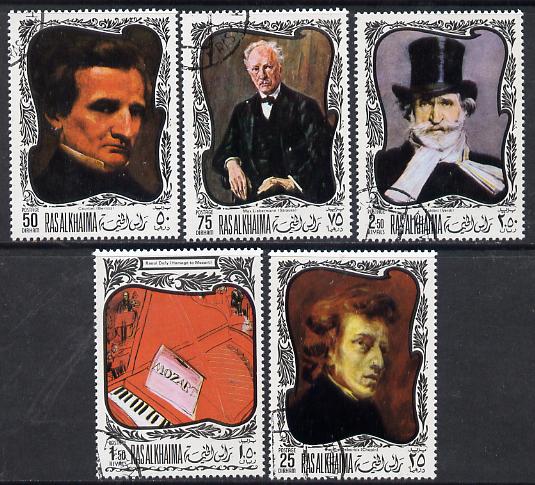Ras Al Khaima 1969 Paintings of Composers set of 5 cto used (Mi 276-80A), stamps on arts, stamps on music, stamps on composers, stamps on strauss, stamps on berlioz, stamps on mozart, stamps on verdi, stamps on chopin, stamps on personalities, stamps on mozart, stamps on music, stamps on composers, stamps on masonics, stamps on masonry