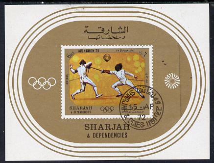 Sharjah 1972 Munich Olympics (Fencing) imperf m/sheet cto used, Mi BL 108, stamps on sport     fencing    olympics