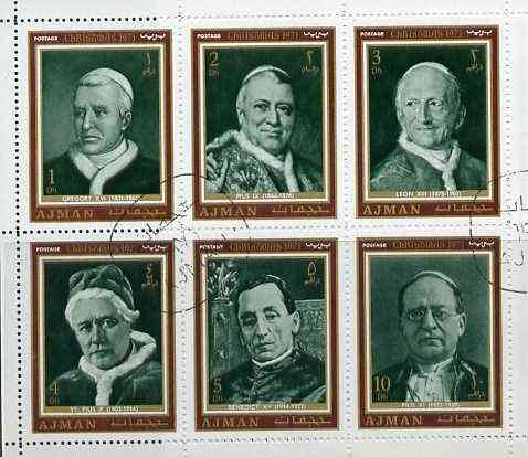 Ajman 1971 Christmas Postage set of 6 Popes in sheetlet of 6 cto used, as Mi 947-52 (uncut sheet of 24 (4 sets) available pro-rata), stamps on , stamps on  stamps on religion    personalities    pope    christmas