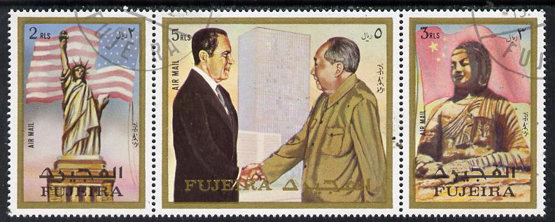 Fujeira 1972 Pres Nixon's visit to China strip of 3 cto used (Mi 1099-1101A), stamps on constitutions   personalities    statues    flags    usa-presidents