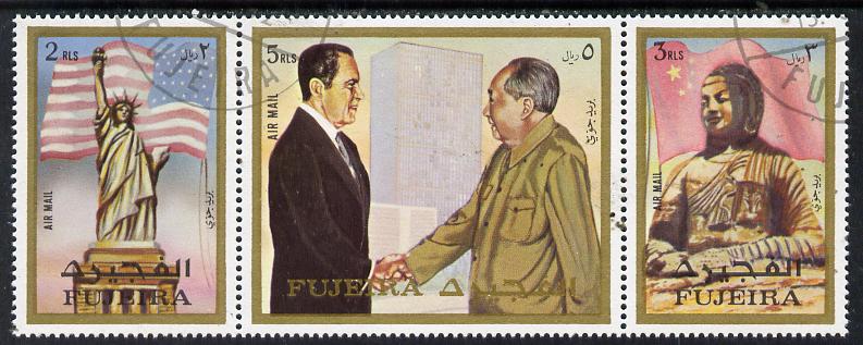 Fujeira 1972 Pres Nixon's visit to China strip of 3 cto used (Mi 1099-1101A), stamps on , stamps on  stamps on constitutions   personalities    statues    flags    usa-presidents