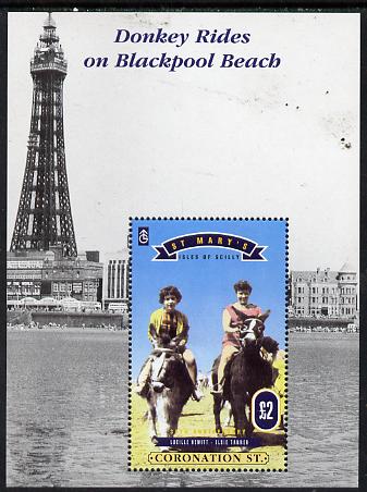 St Marys (Isles Of Scilly) 1995 35th Anniversary of Coronation Street perf souvenir sheet (Donkey Rides on Blackpool Beach) £2 value unmounted mint, stamps on entertainments    monuments    civil engineering    donkey