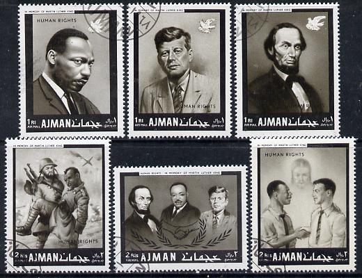 Ajman 1968 Human Rights (Kennedy, Lincoln & Martin Luther King) perf set of 6 cto used (Mi 289-94A) , stamps on human rights    kennedy         nobel     personalities    usa-presidents