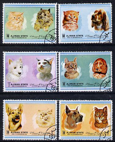 Ajman 1972 Cats & Dogs set of 6 cto used (Mi 1762-67A) , stamps on , stamps on  stamps on animals    cats   dogs, stamps on  stamps on  gsd , stamps on  stamps on cocker    dane    terrier    spaniel     westy