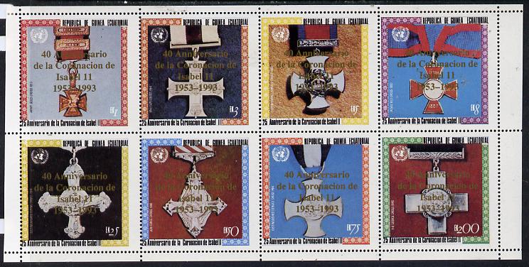 Equatorial Guinea 1993 Coronation 25th Anniversary (Medals) perf set of 8 opt'd for 40th Anniversary of Coronation in gold unmounted mint, stamps on , stamps on  stamps on militaria    royalty     coronation         medals    red cross    victoria-cross