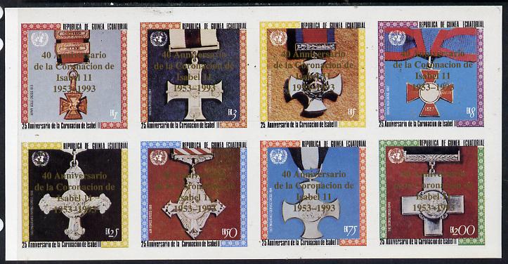 Equatorial Guinea 1993 Coronation 25th Anniversary (Medals) imperf set of 8 opt'd for 40th Anniversary of Coronation in gold unmounted mint, stamps on , stamps on  stamps on militaria    royalty     coronation         medals    red cross    victoria-cross