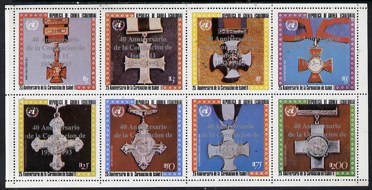 Equatorial Guinea 1993 Coronation 25th Anniversary (Medals) perf set of 8 opt'd for 40th Anniversary of Coronation in silver unmounted mint, stamps on , stamps on  stamps on militaria    royalty     coronation         medals    red cross    victoria-cross