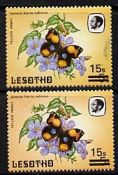 Lesotho 1986-88 Butterflies Yellow Pansy 15s on 5s two singles showing different shades in background colour, SG 727  unmounted mint*