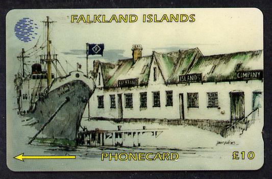 Telephone Card - Falkland Islands �10 'phone card showing the 'Darwin' in harbour, stamps on ships    harbours, stamps on darwin