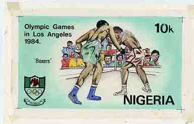 Nigeria 1984 Los Angeles Olympic Games - original hand-painted artwork for 10k value (Boxers) by NSP&MCo Staff Artist Clement O Ogbebor, on card 9 x 5 endorsed A7, stamps on boxing, stamps on sport, stamps on olympics