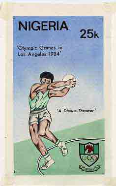 Nigeria 1984 Los Angeles Olympic Games - original hand-painted artwork for 25k value (Discus) by NSP&MCo Staff Artist Clement O Ogbebor, on card 5 x 9 endorsed B5, stamps on , stamps on  stamps on sport      olympics    discus