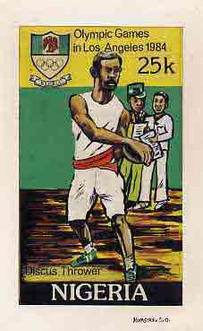 Nigeria 1984 Los Angeles Olympic Games - original hand-painted artwork for 25k value (Discus) by S O Nwasike, on card 5 x 8.5 without endorsements, stamps on , stamps on  stamps on sport      olympics    discus