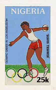 Nigeria 1984 Los Angeles Olympic Games - original hand-painted artwork for 25k value (Discus) by unknown artist, on card 5 x 8.5 without endorsements, stamps on , stamps on  stamps on sport      olympics    discus
