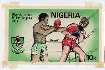 Nigeria 1984 Los Angeles Olympic Games - original hand-painted artwork for 10k value (Boxers) by NSP&MCo Staff Artist Clement O Ogbebor, on card 8.5 x 5 without endorsements, stamps on , stamps on  stamps on boxing, stamps on  stamps on sport, stamps on  stamps on olympics