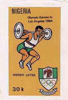 Nigeria 1984 Los Angeles Olympic Games - original hand-painted artwork for 30k value (Weightlifting) by Godrick N Osuji, on card 5 x 8.5 without endorsements, stamps on , stamps on  stamps on sport      olympics    weightlifting