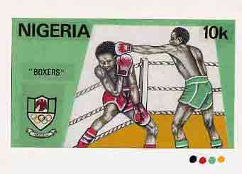 Nigeria 1984 Los Angeles Olympic Games - original hand-painted artwork for 10k value (Boxers) by NSP&MCo Staff Artist Samuel A M Eluare, on card 8.5 x 5 endorsed A5, stamps on boxing, stamps on sport, stamps on olympics