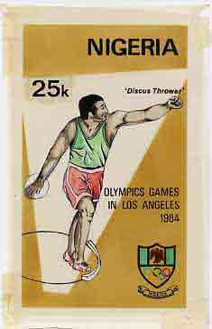 Nigeria 1984 Los Angeles Olympic Games - original hand-painted artwork for 25k value (Discus) by NSP&MCo Staff Artist Clement O Ogbebor, on card 5 x 8.5 without endorseme..., stamps on sport      olympics    discus