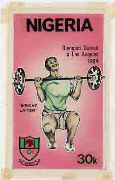 Nigeria 1984 Los Angeles Olympic Games - original hand-painted artwork for 30k value (Weightlifting) by NSP&MCo Staff Artist Clement O Ogbebor, on card 5 x 8.5 without en..., stamps on sport      olympics    weightlifting