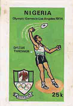 Nigeria 1984 Los Angeles Olympic Games - original hand-painted artwork for 25k value (Discus) by Godrick N Osuji, on card 5 x 8.5 without endorsements, stamps on , stamps on  stamps on sport      olympics    discus