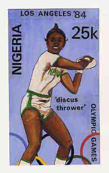 Nigeria 1984 Los Angeles Olympic Games - original hand-painted artwork for 25k value (Discus) by unknown artist on card 5 x 8.5 endorsed B8, stamps on , stamps on  stamps on sport      olympics    discus