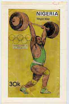 Nigeria 1984 Los Angeles Olympic Games - original hand-painted artwork for 30k value (Weightlifting) by Francis Nwaije Isibor, on card 5 x 8.5 endorsed C1, stamps on sport      olympics    weightlifting