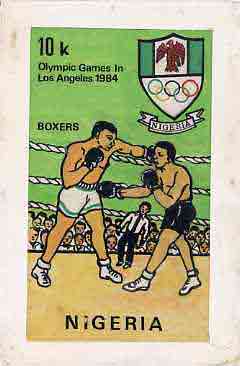 Nigeria 1984 Los Angeles Olympic Games - original hand-painted artwork for 10k value (Boxing) by Godrick N Osuji, on card 5 x 8.5 without endorsements, stamps on boxing, stamps on sport, stamps on olympics