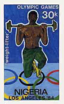 Nigeria 1984 Los Angeles Olympic Games - original hand-painted artwork for 30k value (Weightlifting) by unknown artist, on card 5 x 8.5 endorsed C5, stamps on , stamps on  stamps on sport      olympics    weightlifting
